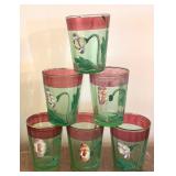 Antique Green Glass Pitcher with 5 Matching Tumblers, Floral Design