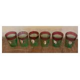 Antique Green Glass Pitcher with 5 Matching Tumblers, Floral Design