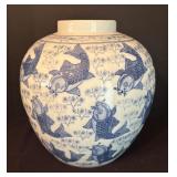 Chinese White and Blue Ceramic Vase with Koi Fish Design