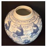 Chinese White and Blue Ceramic Vase with Koi Fish Design