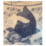 Chinese White and Blue Ceramic Vase with Koi Fish Design