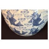 Chinese White and Blue Ceramic Vase with Koi Fish Design