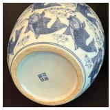 Chinese White and Blue Ceramic Vase with Koi Fish Design