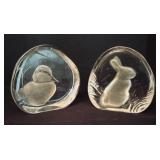 Etched Crystal Duck and Rabbit Sculptures