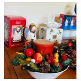 Sweet Holiday Decor Including Ceramic Tealight Holder, Petite Wreath, Hand Carved Wood Peace Sign and More!