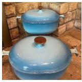 Two Vintage Piece Le Creuset Enzo Mari Sky Blue Cast Iron Casserole Dishes