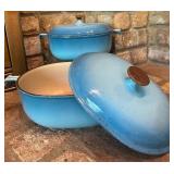 Two Vintage Piece Le Creuset Enzo Mari Sky Blue Cast Iron Casserole Dishes