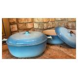 Two Vintage Piece Le Creuset Enzo Mari Sky Blue Cast Iron Casserole Dishes