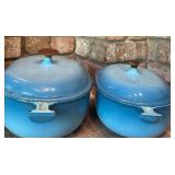 Two Vintage Piece Le Creuset Enzo Mari Sky Blue Cast Iron Casserole Dishes