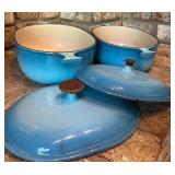 Two Vintage Piece Le Creuset Enzo Mari Sky Blue Cast Iron Casserole Dishes