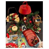Fun Christmas Decor including Greenery, Baskets, Plate, Candle Lantern and More