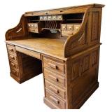 Vintage Oak Roll Top Desk by Oak Crest Manufacturing with Brass Hardware