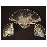 Vintage Siam Fan Brooch and Clip on Earring Set