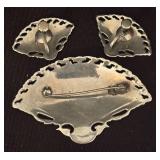 Vintage Siam Fan Brooch and Clip on Earring Set