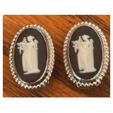 Wedgwood Black Jasperware Embossed Sterling Silver Accented Clip on Earrings