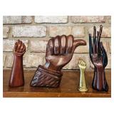 Brazilian Jacaranda Rosewood Hand Sculptures and Brass Fist with Maker Imprint