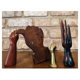 Brazilian Jacaranda Rosewood Hand Sculptures and Brass Fist with Maker Imprint