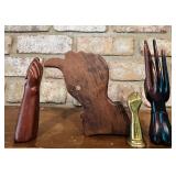 Brazilian Jacaranda Rosewood Hand Sculptures and Brass Fist with Maker Imprint