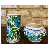 India Handicraft Decorative Ceramic Bathroom Toothbrush, Stationery, Pen and Pencil Stand Holder, Vase and India Pottery Blue Glaze Rounded Vase  / Bowl