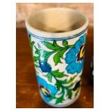 India Handicraft Decorative Ceramic Bathroom Toothbrush, Stationery, Pen and Pencil Stand Holder, Vase and India Pottery Blue Glaze Rounded Vase  / Bowl