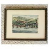 Framed Vintage Print of Heidelberg, Germany /  Colored Etching "View of Heidelberg" Signed