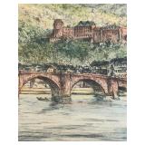Framed Vintage Print of Heidelberg, Germany /  Colored Etching "View of Heidelberg" Signed