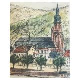 Framed Vintage Print of Heidelberg, Germany /  Colored Etching "View of Heidelberg" Signed