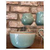 Elegant Korean Handmade Celado Cups with Inlaid Crane Motif and Celadon Set of Round Shaped Tea Pot with Inlaid Crane and Cloud and Bowl
