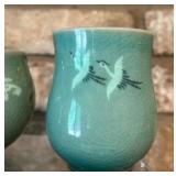 Elegant Korean Handmade Celado Cups with Inlaid Crane Motif and Celadon Set of Round Shaped Tea Pot with Inlaid Crane and Cloud and Bowl