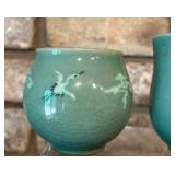 Elegant Korean Handmade Celado Cups with Inlaid Crane Motif and Celadon Set of Round Shaped Tea Pot with Inlaid Crane and Cloud and Bowl