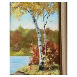 Original Oil Painting on Board, Titled "Autumn Birch Trees by the Lake," by Artist C. Mattison