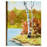 Original Oil Painting on Board, Titled "Autumn Birch Trees by the Lake," by Artist C. Mattison