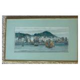 Original Watercolor of Hong Kong Harbor Signed