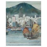 Original Watercolor of Hong Kong Harbor Signed