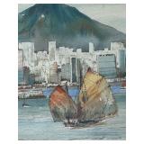 Original Watercolor of Hong Kong Harbor Signed