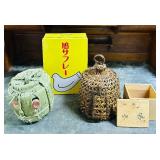 Asian Lot including Japanese Sake Barrel Auspicious Jar, Metal Box, Chicken Coop and More!