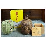 Asian Lot including Japanese Sake Barrel Auspicious Jar, Metal Box, Chicken Coop and More!