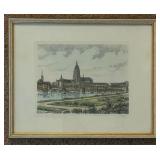 Late 19th Century German Framed Lithograph Signed Print View of the Eiserner Steg in Frankfurt