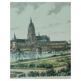 Late 19th Century German Framed Lithograph Signed Print View of the Eiserner Steg in Frankfurt