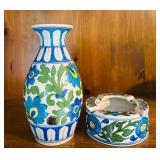 Handcrafted Vase and Matching Ashtray with Floral Pattern from India