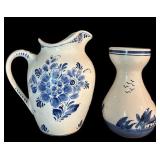 Vintage Delft Blue Pitcher and Delft Blue Vase Holland Windmill Design Ceramic