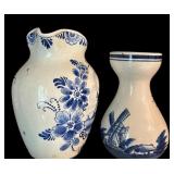 Vintage Delft Blue Pitcher and Delft Blue Vase Holland Windmill Design Ceramic