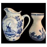 Vintage Delft Blue Pitcher and Delft Blue Vase Holland Windmill Design Ceramic
