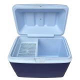 Blue and White Rubbermaid Cooler