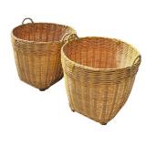 Two Large Woven Rattan Baskets Mid-Century Modern Design