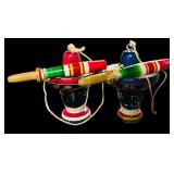 Vintage Mexican Fold-Art Toys Called a "Balero" Wooden Panted Cup and Ball