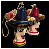 Vintage Mexican Fold-Art Toys Called a "Balero" Wooden Panted Cup and Ball