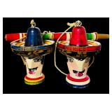 Vintage Mexican Fold-Art Toys Called a "Balero" Wooden Panted Cup and Ball