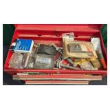 Mixed Collection of Hand Tools and Sandpaper in Red Tool Box