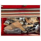 Mixed Collection of Hand Tools and Sandpaper in Red Tool Box